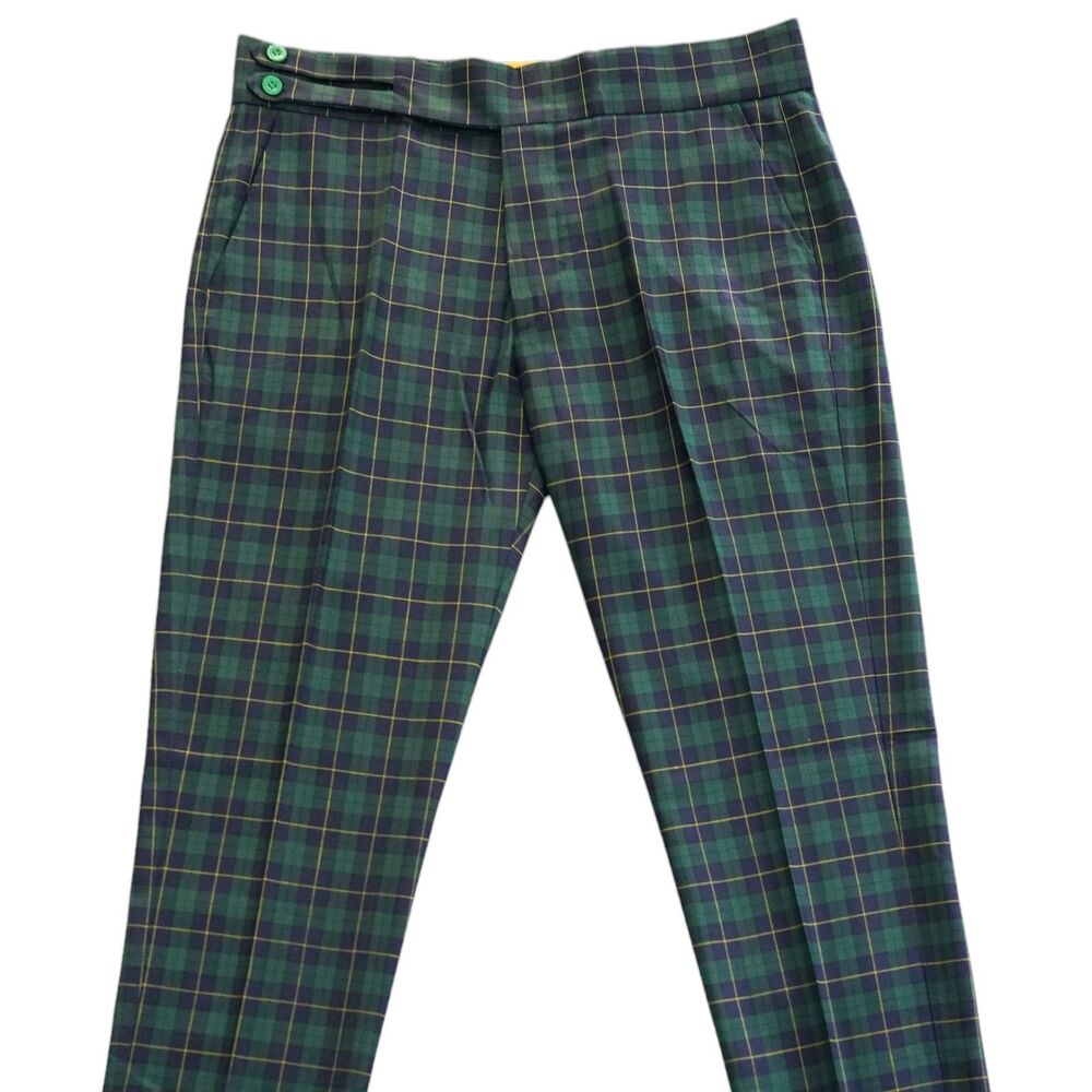 Mens 36 Gurkha Pants Green Navy Tartan Plaid Wool Flat Front Slim Fit Trousers